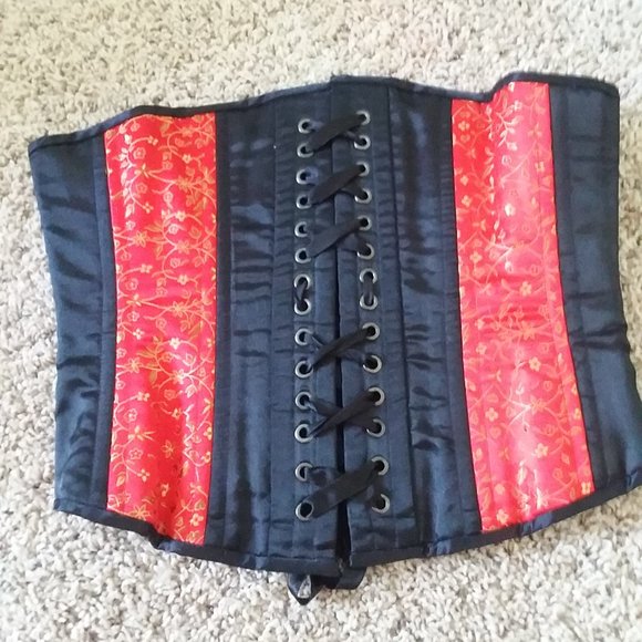 Red silk and black embroidered corset